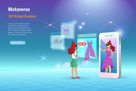 Metaverse virtual try on cloth. Woman use metaverse technology try on dress with mirror reflection on smart phone screen. Textiles fashion and clothes design in futuristic technology.のイラスト素材