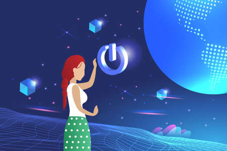 Woman turn on switch on cyber experience to explore space and universe. metaverse interface...