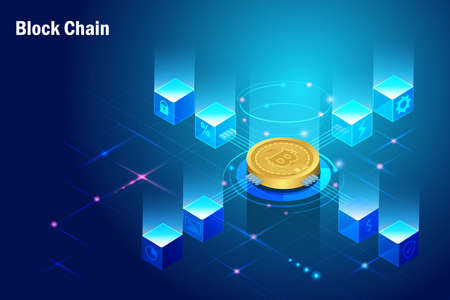Block chain technology in secure finance network connecting digital cube to big data visualization, online transaction security business financial and banking in futuristic background.のイラスト素材
