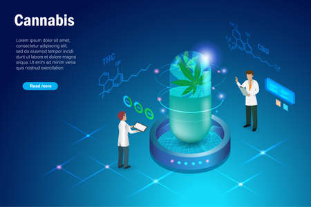 Cannabis, marijuana alternative medicine in research and development process. Scientist experiment cannabis leaves in lightbulb machine . Alternative herbal medicine with innovation tehcnology.のイラスト素材