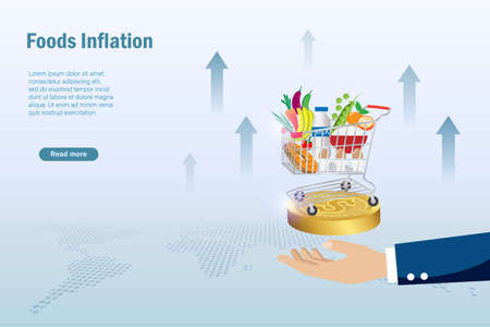 Foods inflation, CPI consumer price index, economic indicator scale concept. Businessman hand hold shopping cart trolley with rising graph cost of living indicator. Rising foods cost and grocery priceのイラスト素材