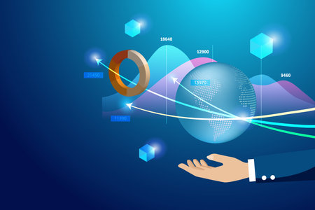 Global business development, financial investment and stock market exchange analysis. Businessman hand hold virtual globe with 3D graph chart with block chain technology.のイラスト素材