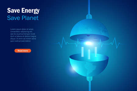 Save energy save planet, earth hour. Unplug globe light with ECG EKG medical line to save world health. World environment day, earth day, sustainable environment energy crisis concept.のイラスト素材