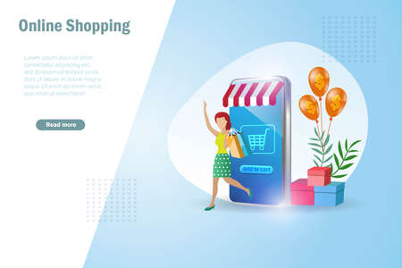 Woman online shopping on smartphone app with Shopping bag and carton box. Template, banner, poster for promotion in online store and e commerce.のイラスト素材