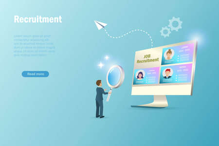 Online recruitment, we are hiring concept. Businessman searching for qualified person from candidate application to put on vacancy position. Human resources management.のイラスト素材