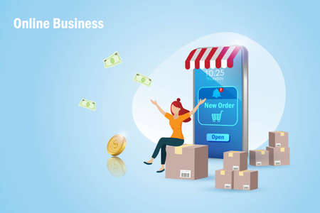 Online shopping business profit, e commerce and social media technology. Woman owner making money from online shopping business with new orders reminder from smartphone and carton boxes.のイラスト素材