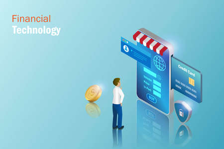 Financial technology. Business man with online payment, online store and stock trading platform on smart phone with security system. E commerce, banking and financial  investment technologyのイラスト素材
