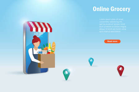 Online grocery delivery service on smart phone app. Woman giving grocery bag on smartphone to customer. Template, platform, banner for online grocery shopping.のイラスト素材