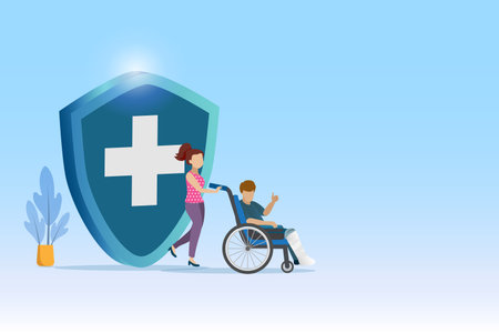 Man with broken leg in plaster cast on wheelchair with medical insurance shield. Medical and healthcare insurance planning for family accident and health protection.のイラスト素材