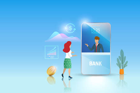 Internet banking. Woman exchange money, online payment transfer and deposit at mobile banking application on smartphone. Virtual digital bank service and financial technology.のイラスト素材