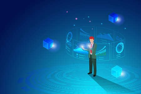 Businessman analyzing graph chart and block chain network connecting. Global business development,...