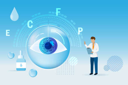 Ophthalmologist doctor diagnosis and check up patient eyesight. Ophthalmology eye sight examination and medical treatment. Optical test for good vision and healthy eye Care.のイラスト素材