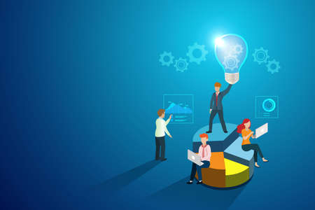 Business achievement, creativity idea and innovative concept. Businessman hold creative lightbulb on growth graph with colleagues for competitive business solutions.のイラスト素材