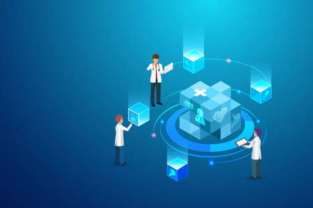 Doctor team with 3D block chain network technology research and diagnosis patient illness. Medical...