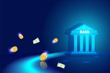 Illustration of bank building and money on a dark blue background.の写真素材