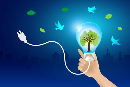 Hand holding light bulb growing green tree with flying bird. Sustainable environment to save energy and nature protection. Renewable ecology and earth day concept.のイラスト素材