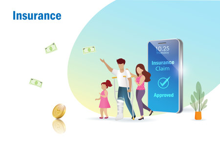 Health, accident insurance claim approved on smartphone. Happy broken leg man and family with money from insurance claim. Life insurance protect family health and life.のイラスト素材