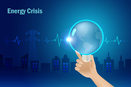 Energy crisis, earth hour concept. Hand hold globe light bulb with ECG EKG electrocardiogram world medical health. World environment day, earth day, sustainable environment.のイラスト素材