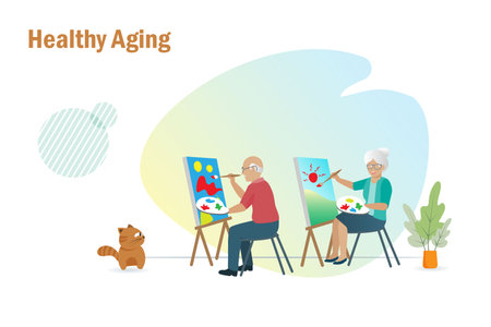 Healthy aging, senior lifestyle. Happy elderly couple painting canvas for relaxation and recreation activities.のイラスト素材