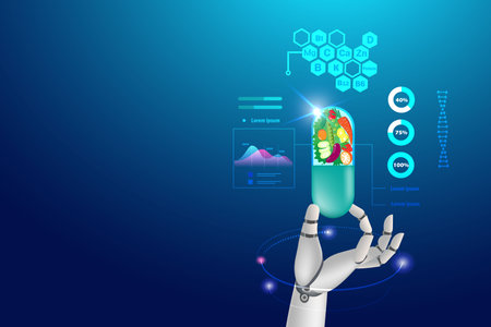 Robot hand holding supplement foods vitamin capsule. Supplement nutrition pill for healthy, food science innovation technology for people wellbeing.のイラスト素材