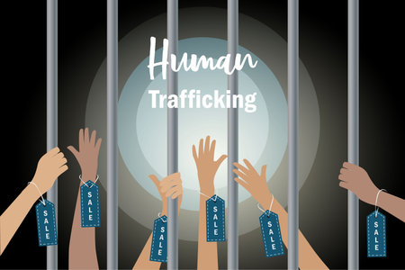 Human Trafficking and human rights concept. Abused hands with sale label tag imprisonment in jail bars asking hopeless for help.のイラスト素材