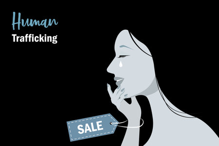Human Trafficking, prostitution and violence against woman concept. Abused woman crying hopeless with sale tag label on hand.のイラスト素材