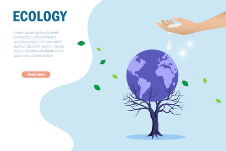 Hand showering water on earth with dried tree. Ecology, earth day and world environment day concept for sustainable strategy, care for forest.のイラスト素材