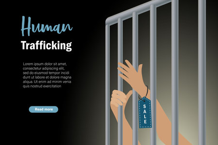 Human Trafficking and human rights concept. Hands with sale label tag imprisonment in jail bars asking hopeless for help.のイラスト素材