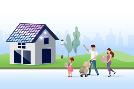 Move into new house, buy new home concept. Happy family hold boxes moving to new house. Mortgage, real estate or relocation.のイラスト素材
