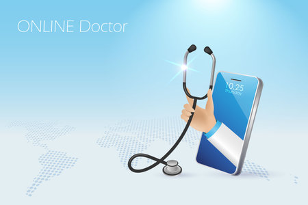 Online doctor, virtual hospital and consultation. Doctor hand hold stethoscope from smartphone diagnose and communicate with patient in remote location.  Medical and healthcare innovation technology.のイラスト素材