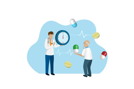 Medicine time. Doctor hold clock to remind senior patient take medicine pills on time. Medical, health care and pharmaceutical concept.のイラスト素材