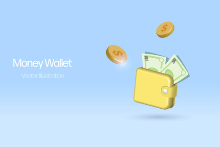 Money wallet, purse with money and gold coins. For financial savings, cost of living and investment concept. 3D vector.のイラスト素材