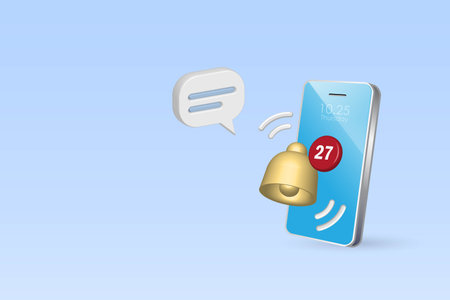 3D notification bell with incoming messages on smartphone. Social media reminder and digital marketing. realistic vector icon.のイラスト素材