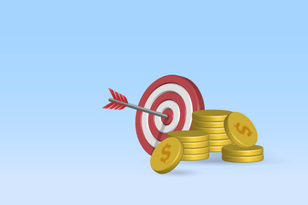 Success investment, achievement business target, financial, return of investment. Arrow on dashboard with stack of gold coins. 3D realistic vector.のイラスト素材