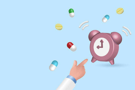 Medicine time. Doctor hand pointing clock to remind patient take medicine pills on time. Medical, health care and pharmaceutical concept. 3D realistic vector.のイラスト素材