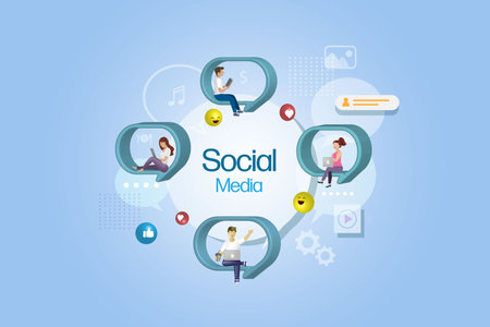 Social media communication network. People sit on speech bubble using smart device connecting to social media in wireless technology. 3d vector.のイラスト素材