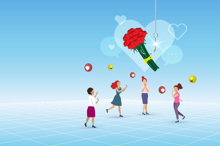 Romance scam, online dating phishing scam. Red roses bouquet with phishing hook on victim woman for fraud chatting. Cyber crime and threat on woman. Vector.のイラスト素材