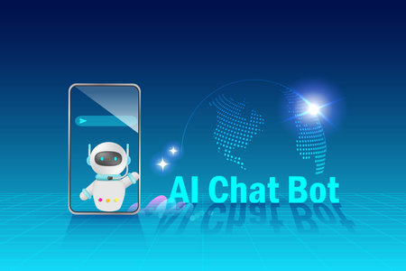 AI chat bot on smartphone in futuristic  environment generate smart solution answer and communicate with user. Artificial intelligence answer robot innovation technology. 3D Vector.のイラスト素材