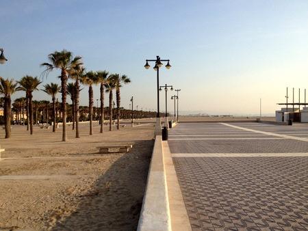 Sea-front embankment with nice blue sky and palmtree shadow in Valencia, Spainの写真素材