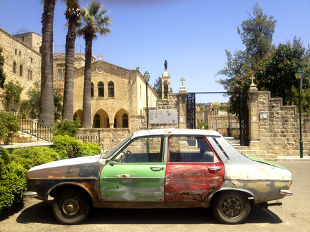 Retro car in old lebanese village Dibbiye, Mount Lebanonの写真素材