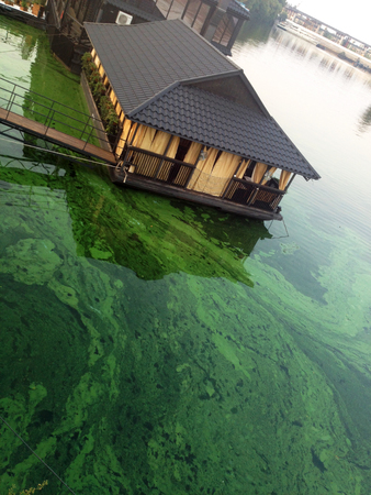 Old house, Dnipro River, Kiev, Ukraine. Traces of pollution and green algae in the Dnieper (Dnipro) in Kiev close to central river promenade in Podil Downtown, Kiev. The old but renovated buildings appear in the background.のeditorial素材