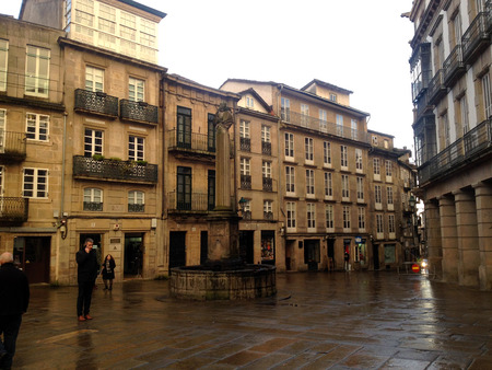 High statue of Miguel de Cervantes Saavedra in the square Plaza de Cervantes, Santiago de Compostela, Galicia, Spain.のeditorial素材