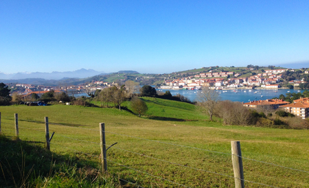 View of green fields in front of Brazo Mayor river, with houses at the background in San Vicente de...