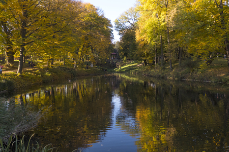 People enjoy a warm autumn day in the Alexandria Park. Bila Tserkva, Kyiv region of Ukraine.のeditorial素材
