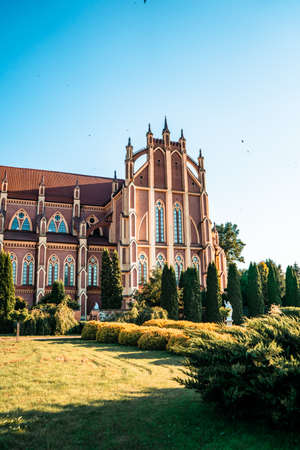 Hervyati, Belarus - July 10, 2021: Catholic Church in Hervyati, Belarus. The neo-Gothic architecture.のeditorial素材