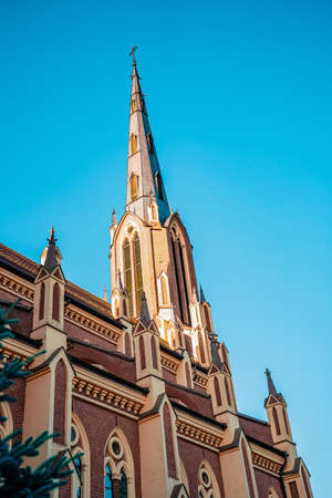 Hervyati, Belarus - July 10, 2021: Catholic Church in Hervyati, Belarus. The neo-Gothic architecture.のeditorial素材