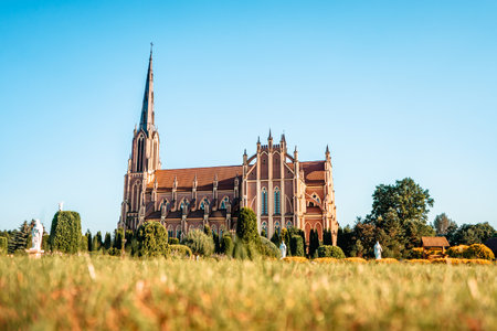 Hervyati, Belarus - July 10, 2021: Catholic Church in Hervyati, Belarus. The neo-Gothic architecture.のeditorial素材