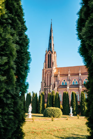 Hervyati, Belarus - July 10, 2021: Catholic Church in Hervyati, Belarus. The neo-Gothic architecture.のeditorial素材