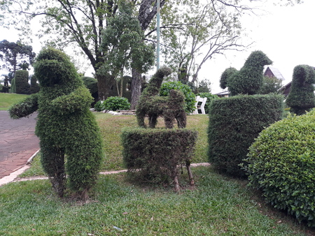 square with wonderful gardening, animals and people carved on the plantsの写真素材