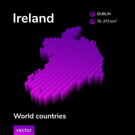Stylized neon digital isometric striped vector Ireland map with 3d effect.のイラスト素材